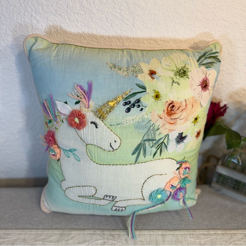 Decorative Intricate Unicorn Pillow Girls Room. 16”x 16”‎ x 6”